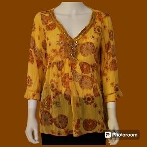 SERENADE Yellow Metallic Floral Sheer Bedazzled V-Neck Blouse